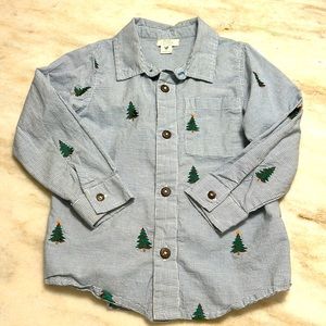 Pink Chicken boys brand - Blue Rooster Holiday Tree button down 6t.